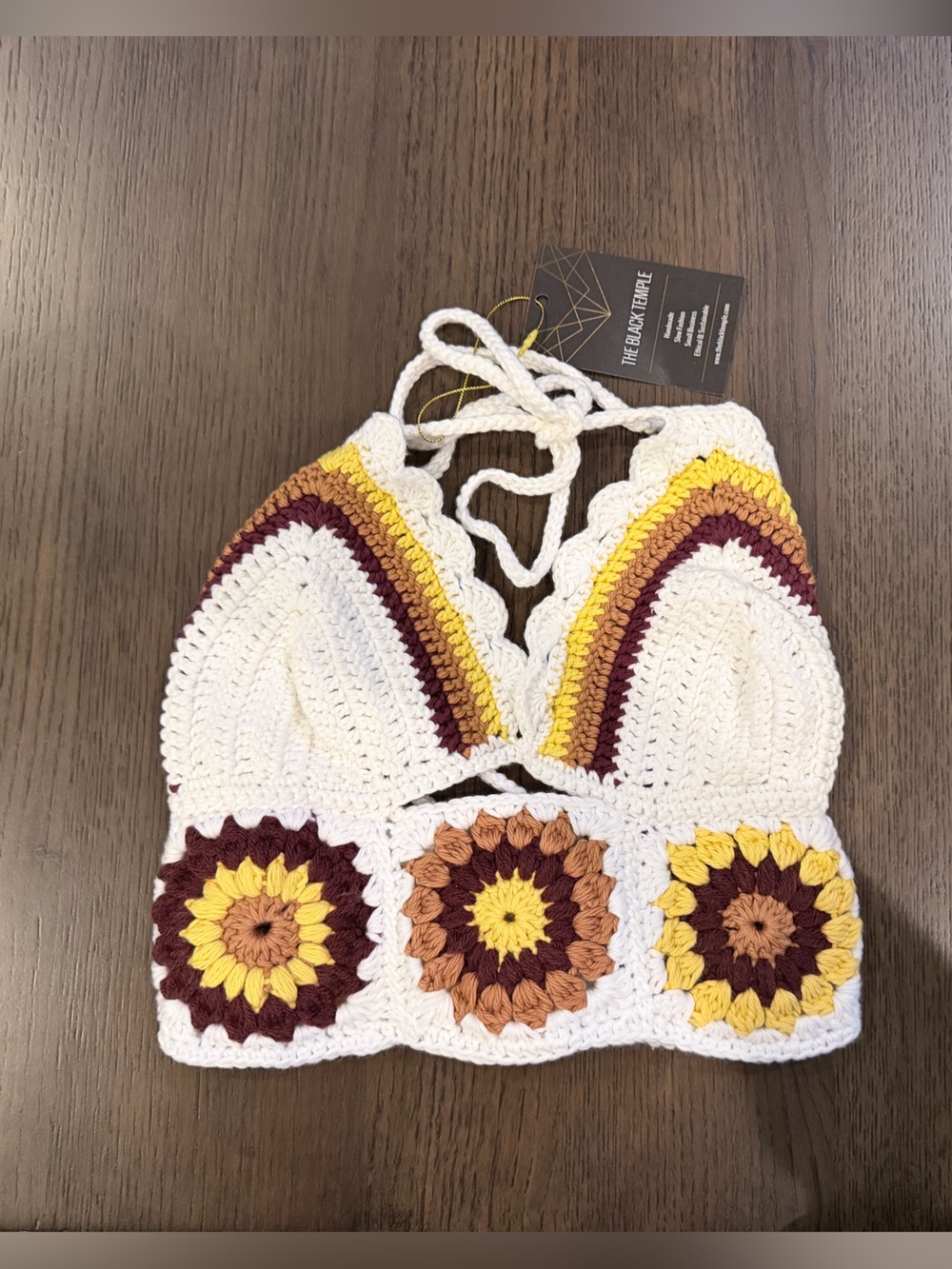 NWT Small The Black Temple White Crochet Top with Yellow Floral Accents
